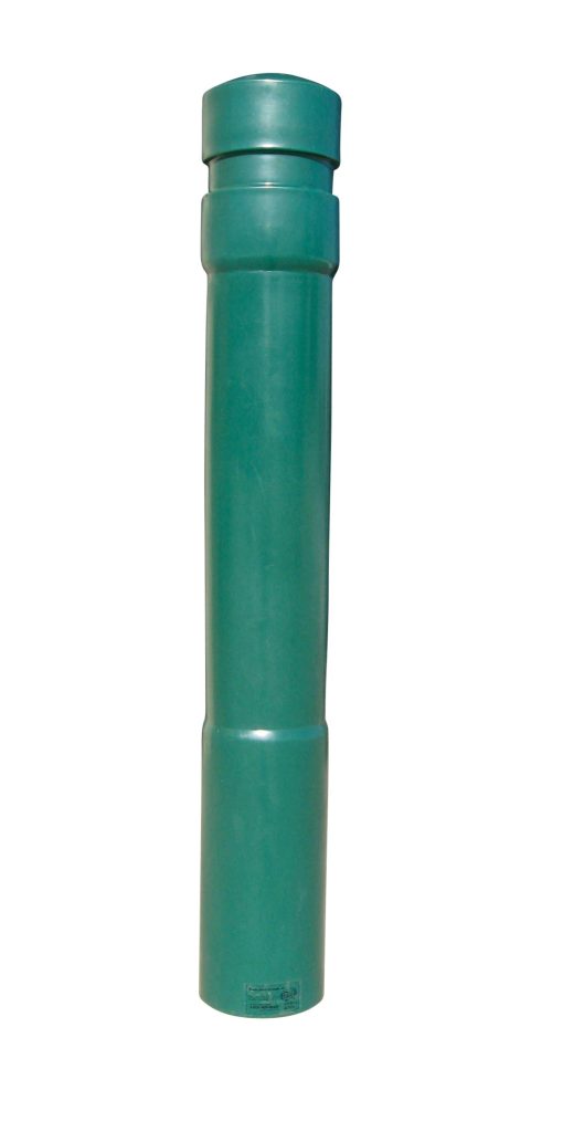 BPC-DA-FG_A.jpg A tall, cylindrical green plastic container with a closed top and flared bottom resembles the Vestil Arch-Green Bollard Cover 52 In, standing upright against a stark white background.