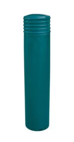 The Vestil Cinco-Green Bollard Cover 52 In is a cylindrical green plastic cover with a rounded top and ribbed upper section, smooth surface, and flat base.