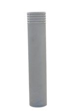 A tall, cylindrical gray bollard with horizontal grooves near the top resembles a Vestil Cinco-Gray Bollard Cover 52 In. Crafted from metal or concrete, its ideal as a traffic barrier or in architectural settings against a plain white background.