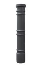 The Vestil Metro-Gray Bollard Cover 52 In features a sleek cylindrical design with three evenly spaced ridges, and its slightly wider flat top adds to its sturdy yet simple appearance against a plain white background.