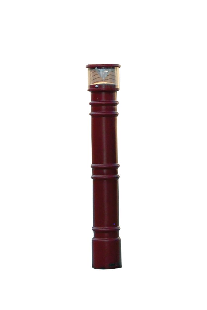 BPC-DM-LAC-R_A.jpg The Vestil Metro-Red Bollard Cover with Ac Light stands 57 inches high, featuring a transparent top section housing the light fixture. Its cylindrical design includes subtle ridges for decorative appeal, making it ideal for elegant outdoor lighting.