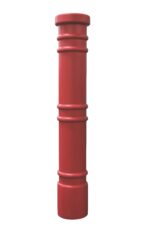 The sleek Vestil Metro-Red Bollard Cover 52 In is a tall, red cylindrical post with rounded edges and horizontal grooves encircling it at regular intervals, standing alone against a plain white background, exuding modernity.