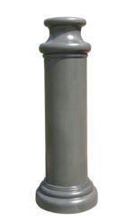 This tall, gray, cylindrical Vestil Pawn-Gray Bollard Cover 49 In has a wide base and smooth surface with a slightly rounded cap and narrow neck. Designed to stand upright, it effectively delineates or protects spaces.