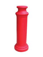 The Vestil Pawn-Red Bollard Cover 49 In is a red, cylindrical cover with a flat top and decorative base, standing against a plain white background.
