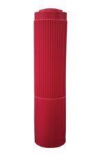 The Vestil Rib-Red Bollard Cover 52 In is a tall, cylindrical item with a textured top and smooth bottom, distinguished by its bright red color.