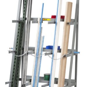 The Little Giant Vertical Bar Rack - 84 is a durable metal storage unit for long materials like rods, pipes, and tubes. It includes multiple shelves and a security chain, standing elegantly against a plain white backdrop.