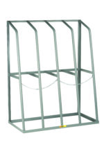 The Little Giant Vertical Bar Rack, with a sturdy gray metal frame, securely holds gas cylinders in its five compartments. It features durable bars and a front chain for safety, while the stable flat base ensures dependable storage.