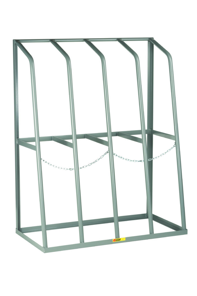 The Little Giant Vertical Bar Rack, with a sturdy gray metal frame, securely holds gas cylinders in its five compartments. It features durable bars and a front chain for safety, while the stable flat base ensures dependable storage.