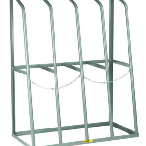 The Little Giant Vertical Bar Rack, with a sturdy gray metal frame, securely holds gas cylinders in its five compartments. It features durable bars and a front chain for safety, while the stable flat base ensures dependable storage.