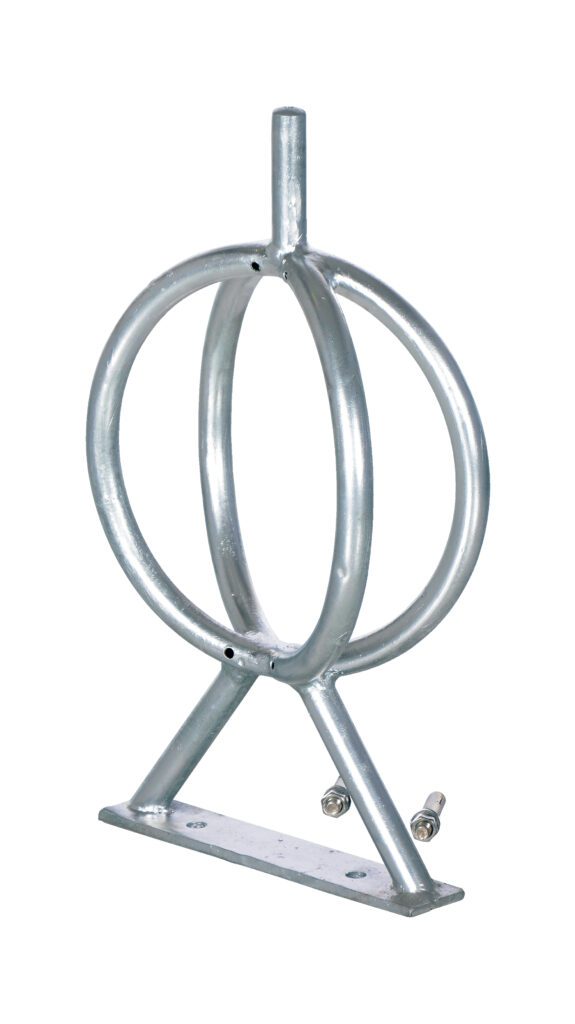 The Vestil Galvanized Bicycle Rack 5.31X12.75X22.5 features an industrial design with two circular rings connected by a vertical rod, crafted from durable steel. Its flat rectangular base includes pre-drilled holes for easy mounting, combining durability and style for urban spaces.
