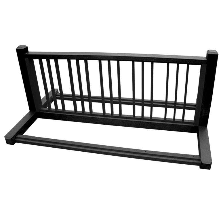 The Vestil Bike Rack Black/Black Insert 10 Position features a sleek design, comfortably holding up to ten bicycles. Its sturdy rectangular base and vertical bars offer an elegant display against a white background, ensuring both functionality and style.