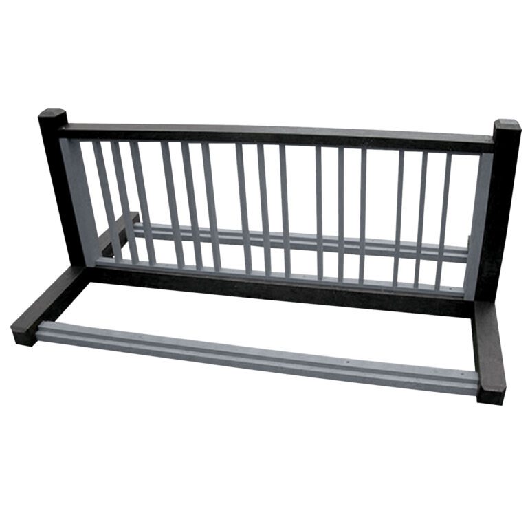 BR-P10-BK-CH_A.jpg The image captures the Vestil Bike Rack Blk/Charcoal 10 Positions, showcasing its sleek rectangular design and sturdy vertical bars for secure bicycle storage, emphasizing its minimalist aesthetic against a plain white background.