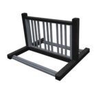 Introducing the Vestil Bike Rack Black/Charcoal 6 Positions: a simple yet sturdy black and gray metal frame with vertical bars, designed to securely hold bicycles against a plain white background.