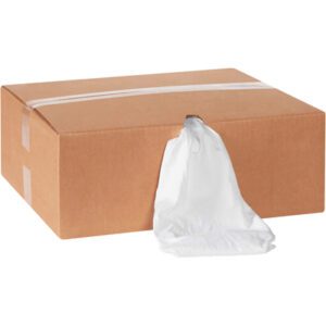 A large MH-USA Box of Rags with a white protective suit partially pulled out is ready for use. The 10 lb. box, resembling standard T-shirt rag containers, is securely sealed at the top with clear packing tape.