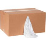 A large cardboard box labeled MH-USA Box of Rags - Standard T-Shirt Rags - 25 lb. Box has a white tissue protruding from its side. Its plain design conceals 25 lbs. of versatile rags neatly packed inside.