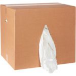 The MH-USA Box of Rags - Standard T-Shirt Rags comes in a 50 lb. box with a triangular opening dispensing white tissue-like rags and has side handle cutouts for easy carrying.