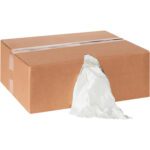 The MH-USA Box of Rags - Premium White T-Shirt (10 lb., 70/box) reveals neatly pulled-out white T-shirt cloths from its opening. This plain brown box offers functionality with an understated design, free from visible markings or labels.