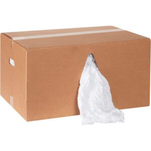 The MH-USA Box of Rags - Premium White T-Shirt - 25 lb., packed in a brown cardboard box with cut-out handles, features a hole dispensing the material, resembling a tissue box.