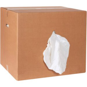 The 50 lb. MH-USA Box of Rags - Premium White T-Shirt sports a tear with a crumpled plastic bag showing. This practical, simple box features side handles and rests against a plain white backdrop.
