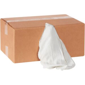 A brown cardboard box with a white cloth peeking out from a slit mimicking the packaging of MH-USA Shop Towels - 14 x 14 Natural - 5 lb. box (5Lbs/Case).