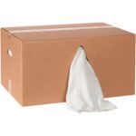 The MH-USA Shop Towels - 14 x 14 Natural are conveniently packed in a brown cardboard box with handholds, featuring a slit for easy dispensing of the 25 lb. cases contents.