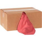 A brown MH-USA Shop Towels box labeled 14 x 14 Red - 5 lb. has a crumpled red cloth peeking from a cutout, with white tape sealing the top.