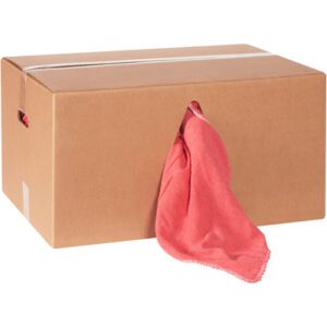 A red MH-USA shop towel peeks from a brown cardboard box with a cut-out slot, labeled MH-USA Shop Towels - 14 x 14 Red - 25 lb. box, featuring a side handle hole for easy transport.