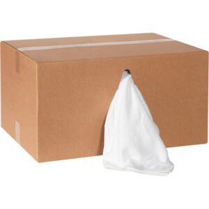 A brown cardboard box labeled MH-USA Terry Cloth Towels - 16 x 24 White - 25 lb. box (25Lbs/Case) with a white towel partially seen through a side opening, hinting at the pristine bounty inside.