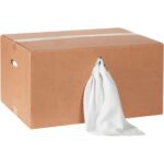 A brown rectangular cardboard box with a side handle and front slit dispenses white fabric, resembling a tissue dispenser, perfect for MH-USA Terry Cloth Towels, 14 x 17 white, in a convenient 25 lb. case.