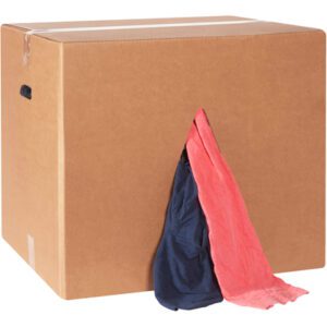 A 50 lb. MH-USA Box of Rags reveals its colorful haul through a triangular opening: two pieces, one red and one dark blue, dangle out. This box of Colored T-Shirt Rags includes a grip hole for easy transport.
