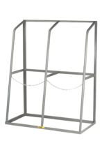 The Little Giant Wide Bay Vertical Bar Rack is a metal storage unit for two large cylinders, featuring a rectangular base, vertical supports, upper horizontal bars, and a center chain for secure positioning. Its gray finish and angled design offer both functionality and style.