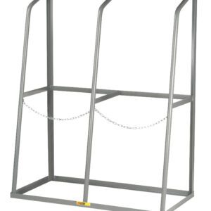 The Little Giant Wide Bay Vertical Bar Rack is a metal storage unit for two large cylinders, featuring a rectangular base, vertical supports, upper horizontal bars, and a center chain for secure positioning. Its gray finish and angled design offer both functionality and style.