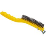 The Rubbermaid Wire Brush with Scraper features an ergonomic plastic handle, four rows of steel bristles, and a hanging hole for convenience. This 14 tool is perfect for tough cleaning jobs and is sold in cases of 12.