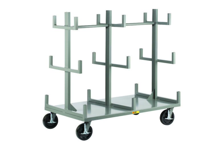 The Little Giant Heavy-Duty Bar & Pipe Truck features four large wheels, a flat base, and multiple vertical and horizontal supports for holding panels or large flat items. Painted light gray, it provides robust transport solutions for heavy-duty needs.
