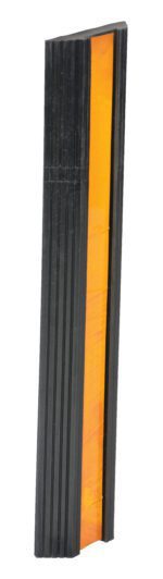 A vertical black strip featuring a central orange reflective surface, similar to the Vestil Extruded Rubber Bumper Stop 24L In, likely used for traffic or safety signage.