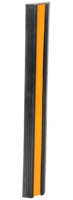 A tall, rectangular object with a ribbed black exterior and an orange center strip resembles the Vestil Extruded Rubber Bumper Stop 36L In, standing vertically against a white background, exuding a sleek industrial vibe.