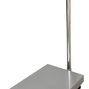The Vestil Bench Scale Ss Tray 12X14 150 Lb Cap includes a sturdy 12x14-inch stainless steel tray, supports up to 150 lbs, features a large metal platform with an elevated digital display, and is supported by four adjustable feet on a rear-mounted metal pole.