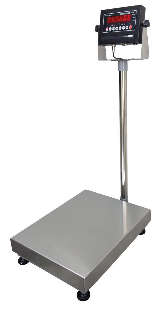 The Vestil Bench Scale SS Tray (18x24, 500 lb capacity) boasts a digital platform with a metal base, upright pole, and digital display, ideal for industrial or commercial use.