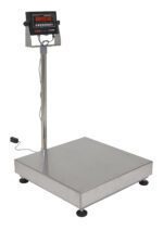 The Vestil Bench Scale Ss Tray 24X24 features a digital industrial floor scale with a large square metal platform, vertical pole for the digital display, red LED numbers, and has a 1000 lb capacity with adjustable feet for stability.