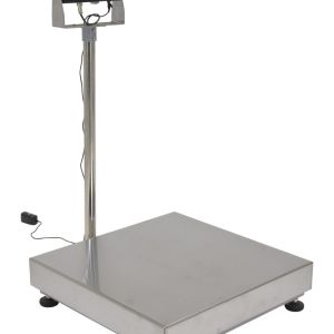 The Vestil Bench Scale Ss Tray 24X24 features a digital industrial floor scale with a large square metal platform, vertical pole for the digital display, red LED numbers, and has a 1000 lb capacity with adjustable feet for stability.