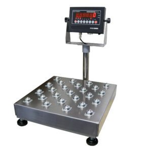 The Vestil Bench Scale Ss Tray Ball Top 24X24 1000 features a stainless steel design with a digital display, small circular sensors on its 24x24 platform, adjustable feet, and a connected panel displaying red digits, supporting up to 1000 lbs.