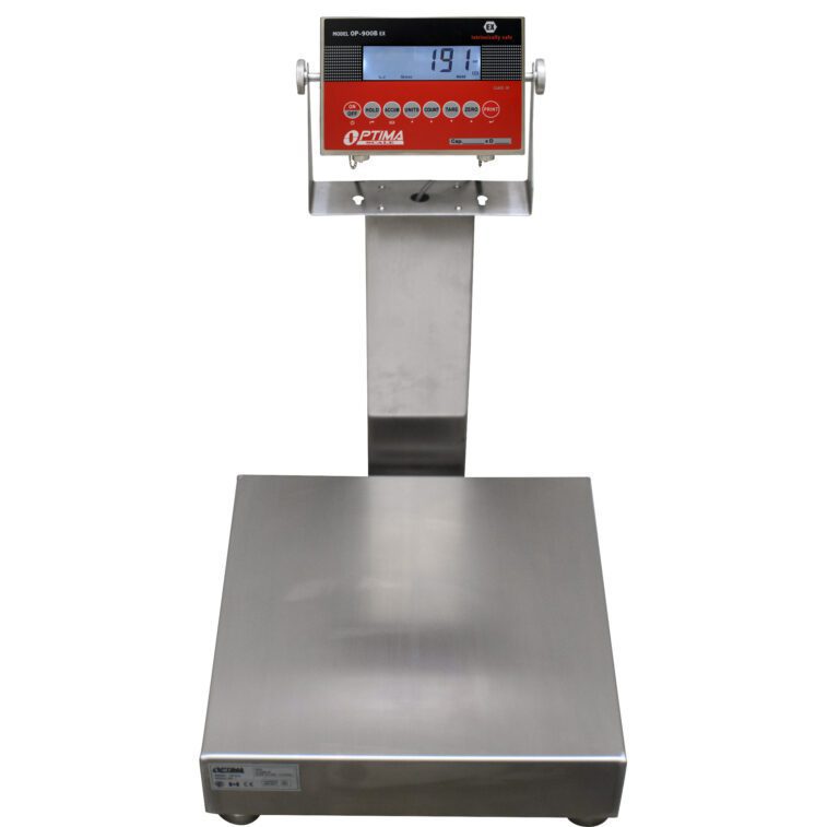 The Vestil Bench Scale Portable 18x24 device, branded Optima, features a metallic platform, elevated display panel with buttons below the screen, and red and black casing. It shows a weight of 19.1 and supports up to 500 lbs.