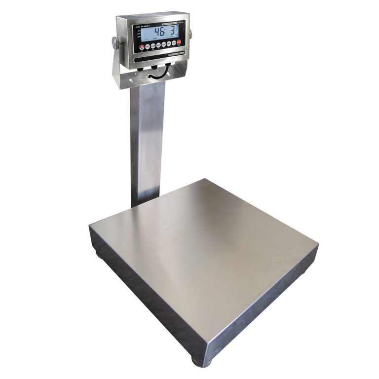 The Vestil Bench Scale Ss 24X24 1000 Lb Capacity features a stainless steel platform with an upright display and control buttons, ensuring durability and ease of use in any setting.