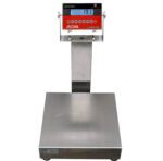 The Vestil Bench Scale Ss, with an explosion-proof display option, features a robust metal platform and elevated display showing 19.1, accented by red trim and control buttons, underscoring Vestils dedication to precision and reliability.