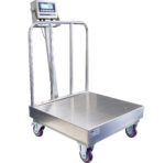 The Vestil Bench Scale Portable 24x24 features a stainless steel platform on wheels with guardrails, a digital display on a tall stand, and efficiently measures up to 500 lbs.