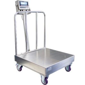 The Vestil Bench Scale Portable 24x24 features a stainless steel platform on wheels with guardrails, a digital display on a tall stand, and efficiently measures up to 500 lbs.