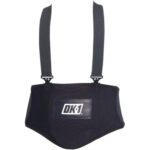 A black back support belt with adjustable suspenders and a DK1 logo provides ergonomic support. Enhanced by the MH-USA Lumbar Pad - Medium, it offers sturdy straps for comfort and stability.