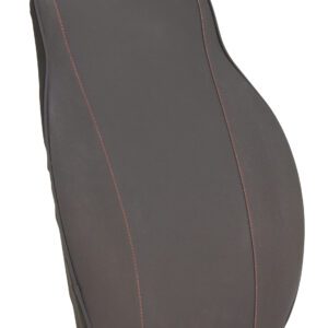 The Vestil Back Support lumbar cushion features a gray design with bold red stitching at the seams, offering ergonomic back support through its contoured shape in a sleek, modern style.