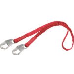 A vivid red MH-USA Shock Absorbing Lanyard featuring two metal hooks on each end is set against a white background. Elastic sections near the hooks offer shock absorption, perfect for construction or safety harness systems.