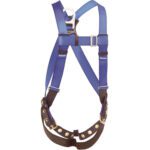 The MH-USA Full Body Harness is a blue and black safety harness with adjustable straps, metal rings, secure buckles, and a durable design, ideal for construction or climbing to ensure wearer safety.